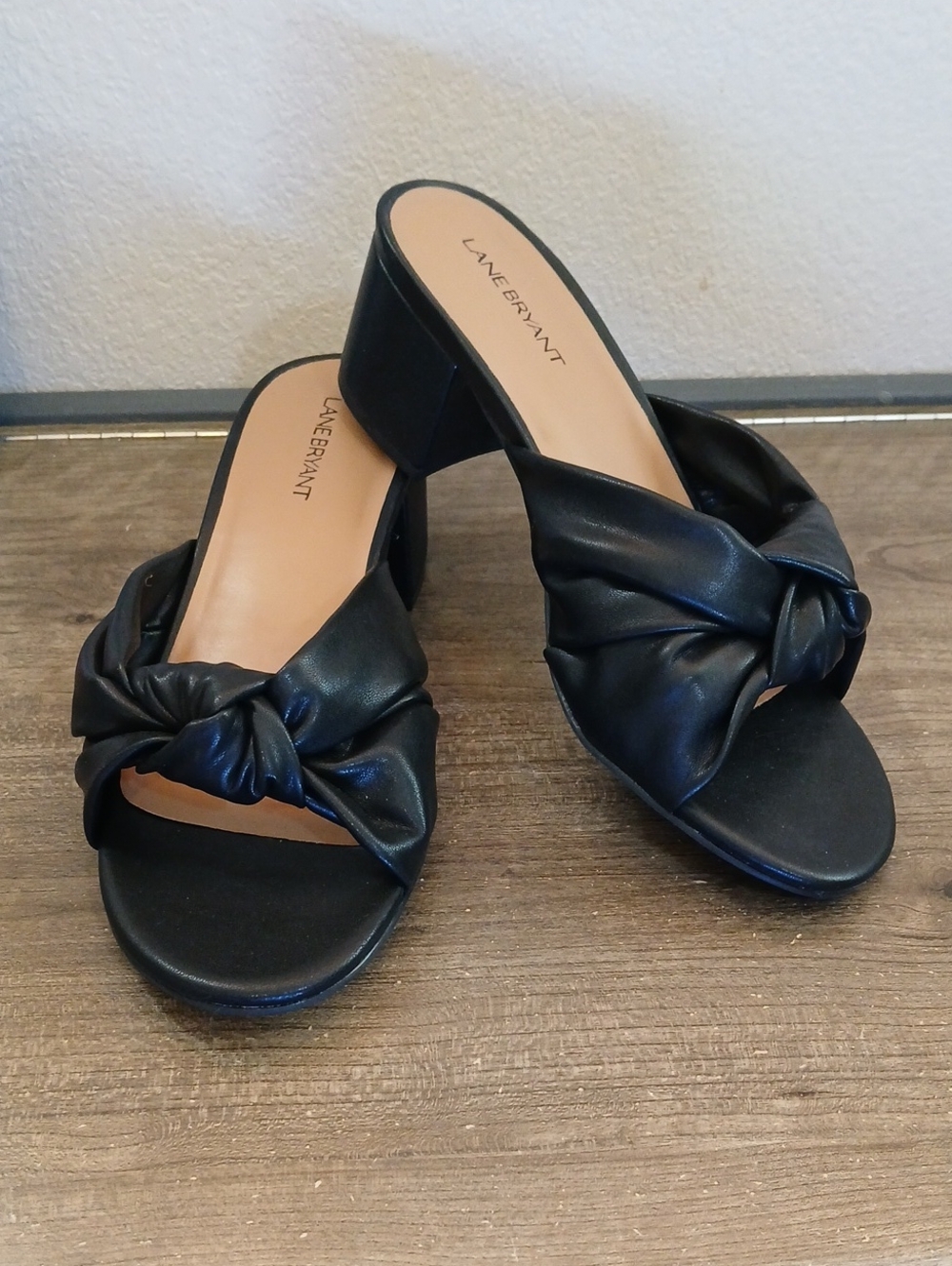 Lane Bryant Black Knotted Block Heel Slide Sandals Faux Leather